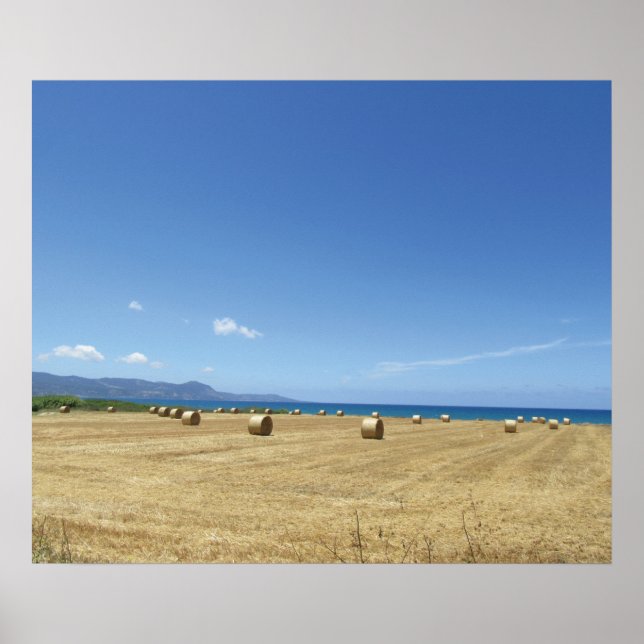 Golden Rolls of Hay and Deep Blue Sea Design Poster (Front)