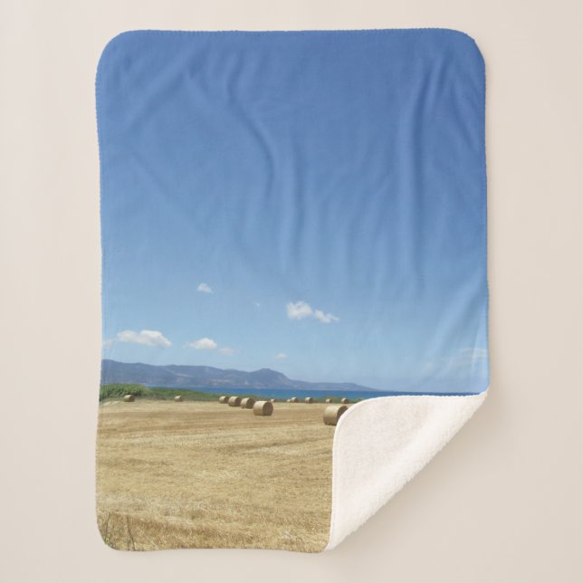 Golden Rolls of Hay and Deep Blue Sea Design Sherpa Blanket (Front)