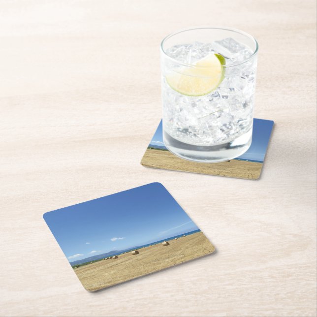 Golden Rolls of Hay and Deep Blue Sea Design Square Paper Coaster (Insitu)