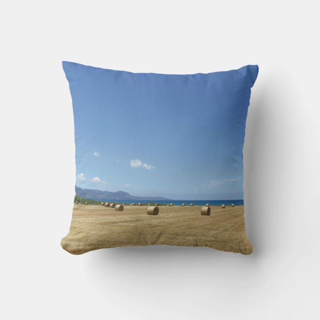 Golden Rolls of Hay and Deep Blue Sea Design Throw Pillow (Front)