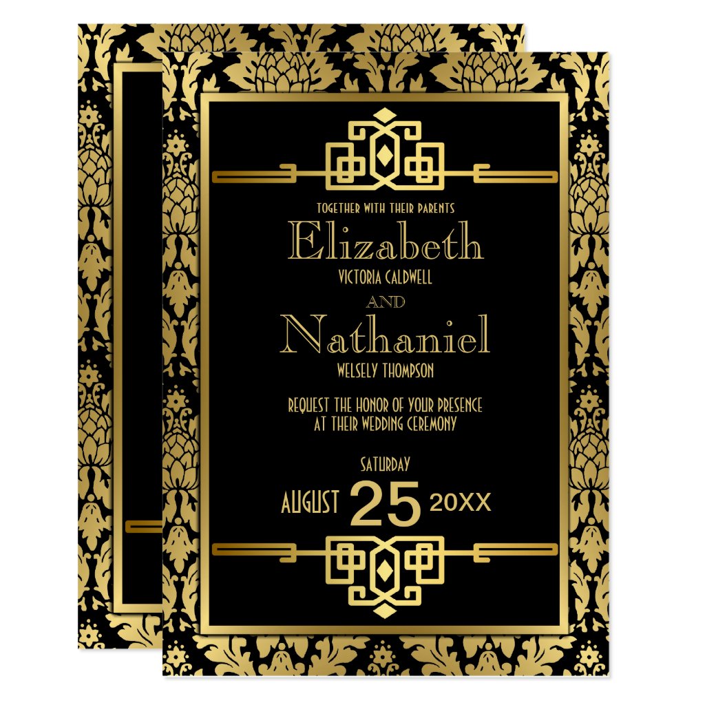 Personalised day/evening wedding invitations BLACK WHITE 1920'S ART DECO FREE EN 
