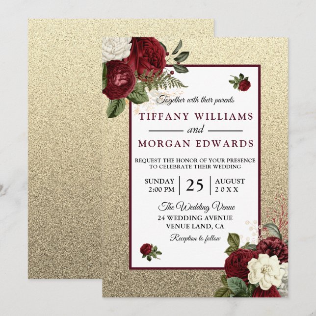 Golden Romantic Burgundy Floral Wedding Invite (Front/Back)