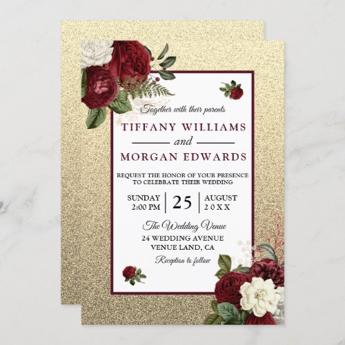 Golden Romantic Burgundy Floral Wedding Invite