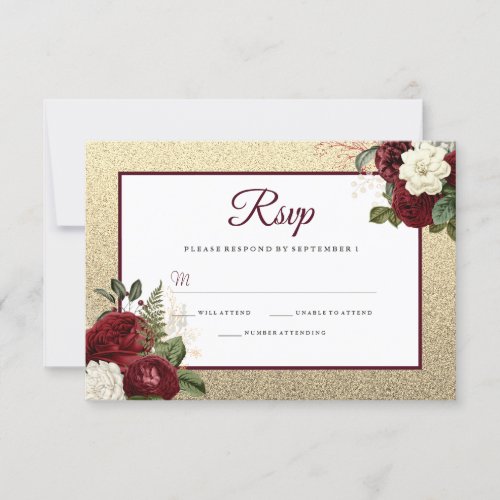 Golden Romantic Burgundy Floral Wedding RSVP Card