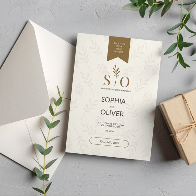 Golden romantic wedding olive branches invitation (Creator Uploaded)