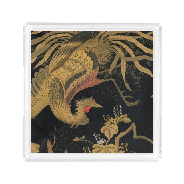 Golden Rooster Bird Japanese Classic Antique Acrylic Tray (Front)