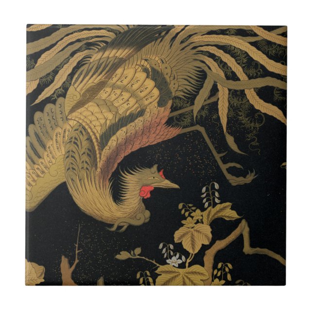 Golden Rooster Bird Japanese Classic Antique Ceramic Tile (Front)
