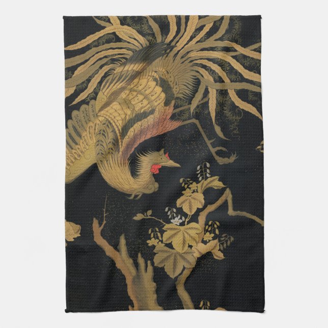 Golden Rooster Bird Japanese Classic Antique Kitchen Towel (Vertical)