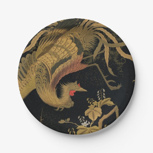 Golden Rooster Bird Japanese Classic Antique Paper Plates (Front)