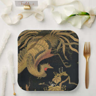 Golden Rooster Bird Japanese Classic Antique Paper Plates