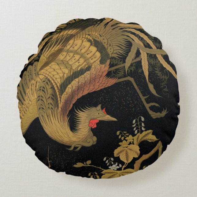 Golden Rooster Bird Japanese Classic Antique Round Pillow (Front)