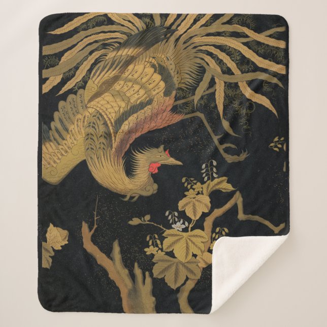 Golden Rooster Bird Japanese Classic Antique Sherpa Blanket (Front)