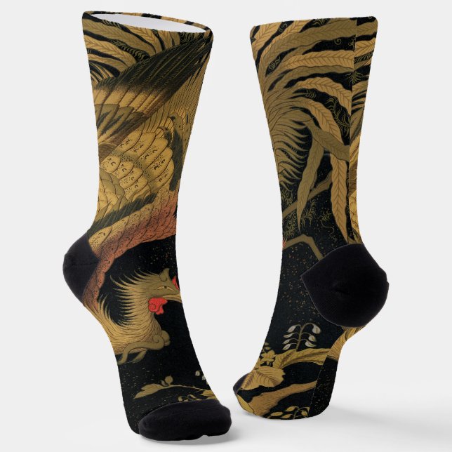 Golden Rooster Bird Japanese Classic Antique Socks (Angled)