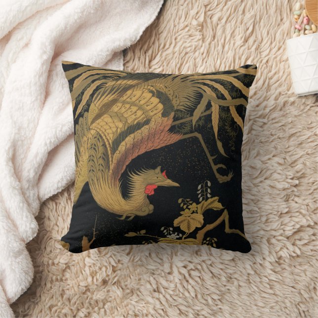 Golden Rooster Bird Japanese Classic Antique Throw Pillow (Blanket)