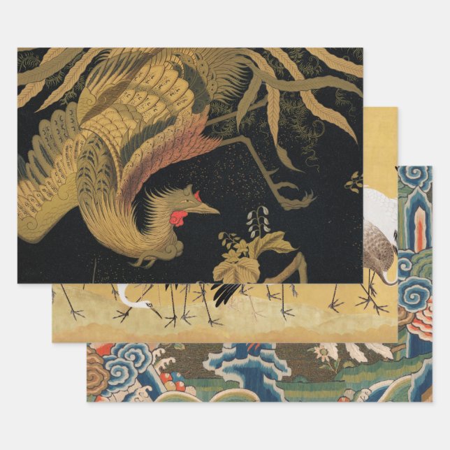 Golden Rooster Bird Japanese Classic Antique Wrapping Paper Sheets (Set)