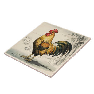 Golden rooster Japanese art Ceramic Tile