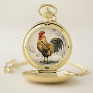 Golden rooster Japanese art Pocket Watch