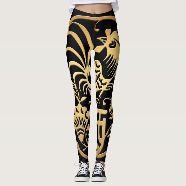 Golden Rooster Year 2017 Papercut Black leggings (Front)