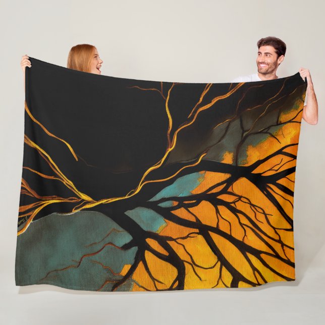 Golden Roots and Twilight Tree Fleece Blanket (In Situ)
