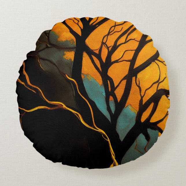Golden Roots and Twilight Tree Round Pillow (Front)