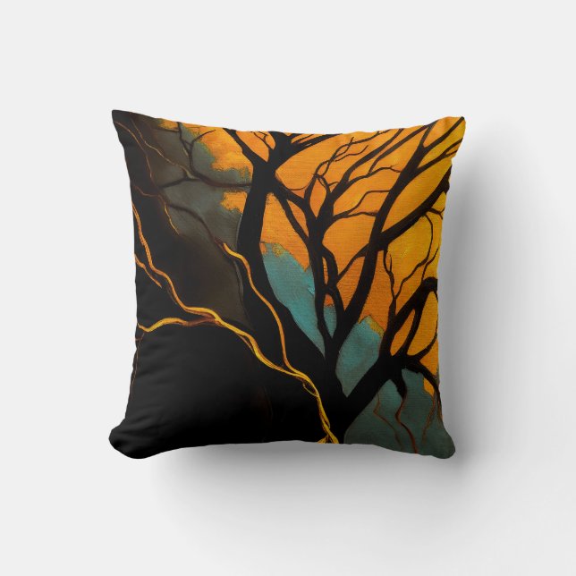 Golden Roots and Twilight Tree Throw Pillow (Front)
