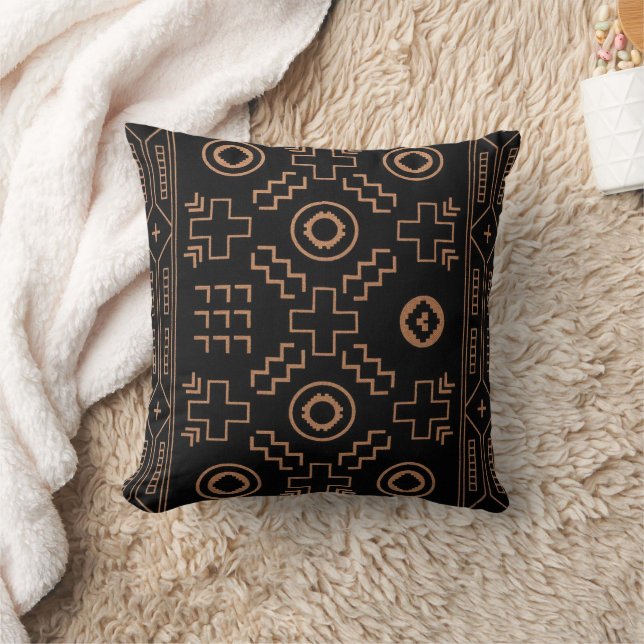 Golden Roots: Black & Tribal Moroccan Elegance Throw Pillow (Blanket)