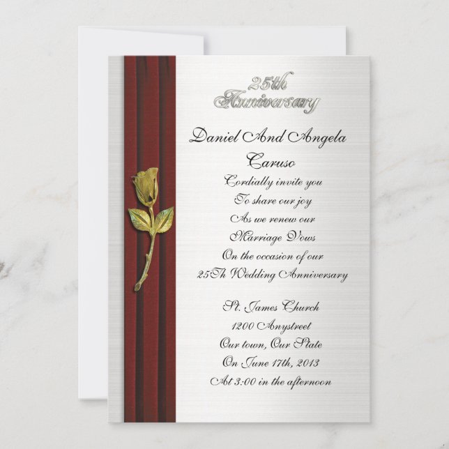 Golden rose, 25th Anniversary vow renewal Invitation (Front)