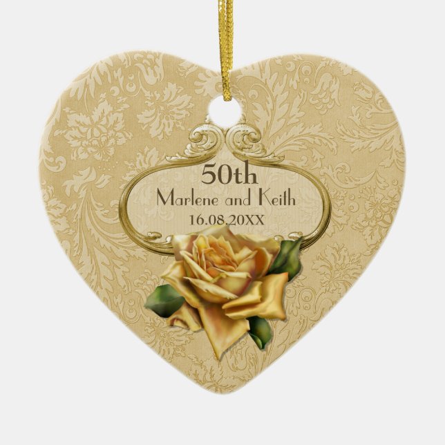 Golden Rose 50th Wedding Anniversary Ceramic Ornament (Front)