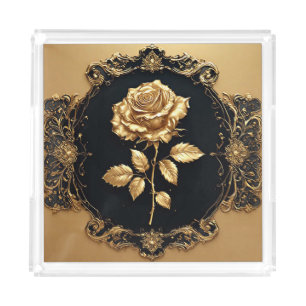Golden Rose Artwork with Ornate Decorative Element Acrylic Tray