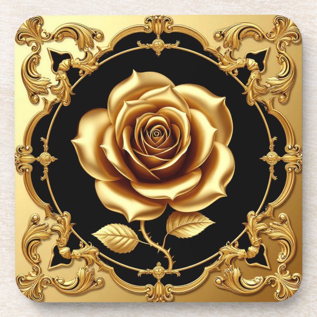 Golden Rose Artwork with Ornate Decorative Element Beverage Coaster (Front)