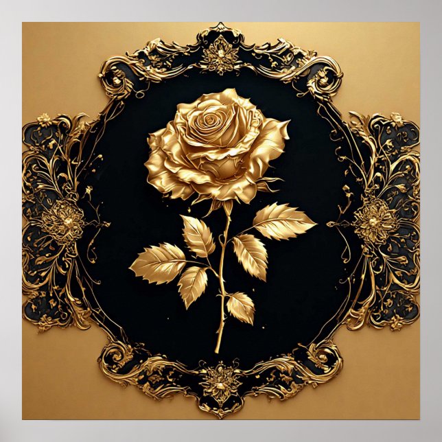 Golden Rose Artwork with Ornate Decorative Element Poster (Front)