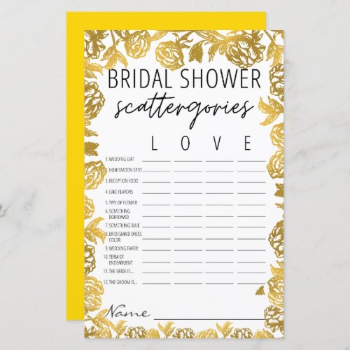 Golden Rose Bridal Shower Scattergories Game 