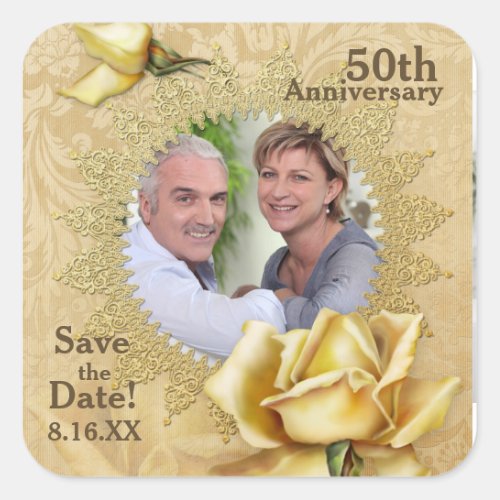 Golden Rose Damask 50th Wedding Anniversary Square Sticker