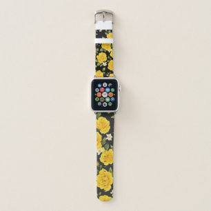 Golden Rose Elegance on Black Apple Watch Band