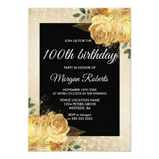 Golden Rose Glitter Floral 100th Birthday Party Invitation Zazzle Com