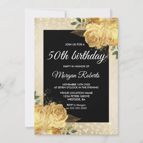 Golden Rose Glitter Floral 50th Birthday Invite