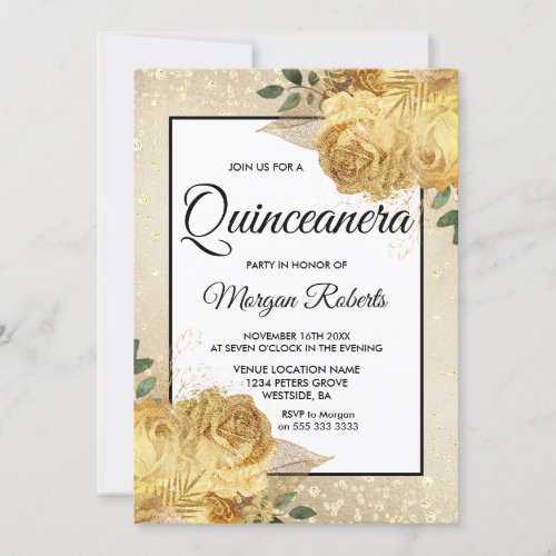 Golden Rose Glitter Floral Quinceanera Invite