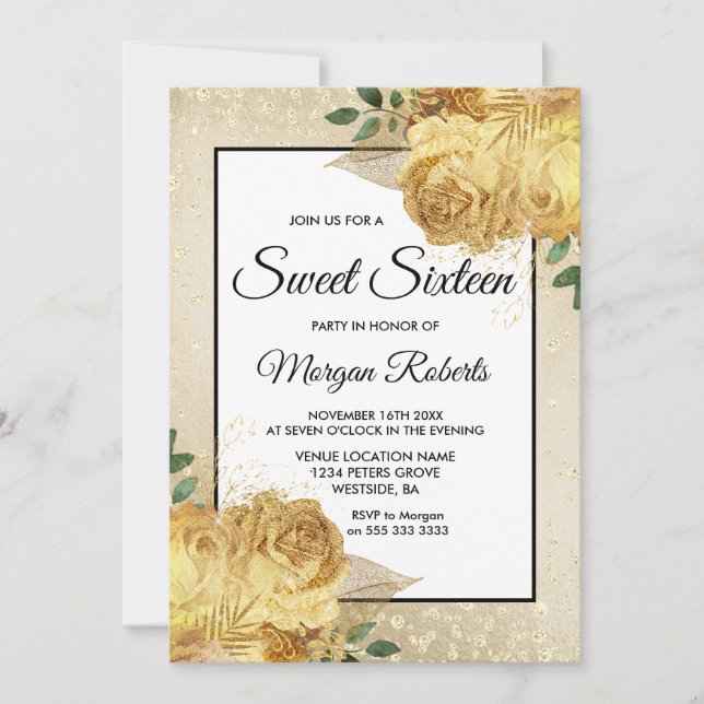 Golden Rose Glitter Floral Sweet 16 Invite (Front)