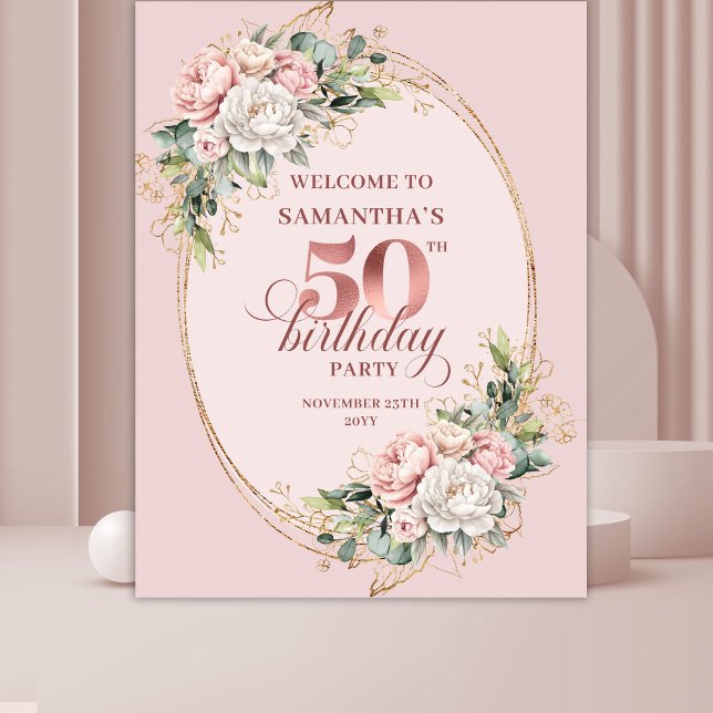 Golden Rose Gold Blush Floral 50th Birthday Party  Tapestry (Golden Rose Gold Blush Floral 50th Birthday Party Tapestry

)