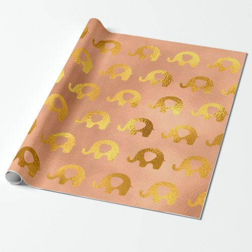 Golden Rose Gold Copper Elephants Baby Girl Wrapping Paper