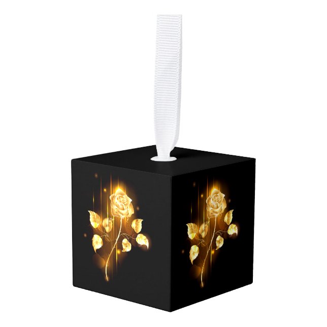 Golden rose ( gold rose ) cube ornament (Front Angled)