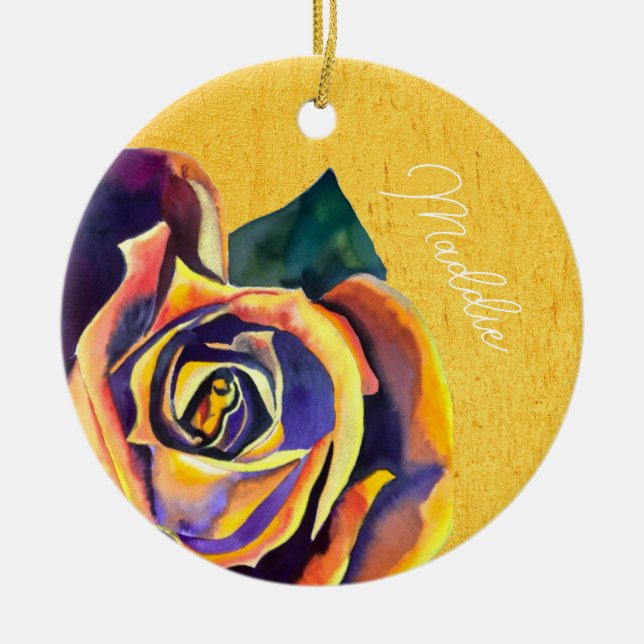 Golden Rose Gothic watercolor art Ceramic Ornament (Front)