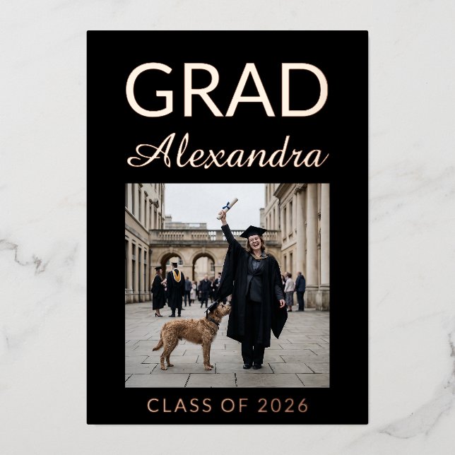 Golden Rose Ivory DVM Photo Graduation Party Foil Invitation (Front)