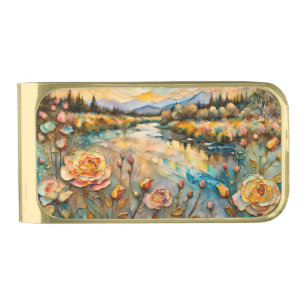 Golden Rose Mountain Valley Sunrise Gold Finish Money Clip