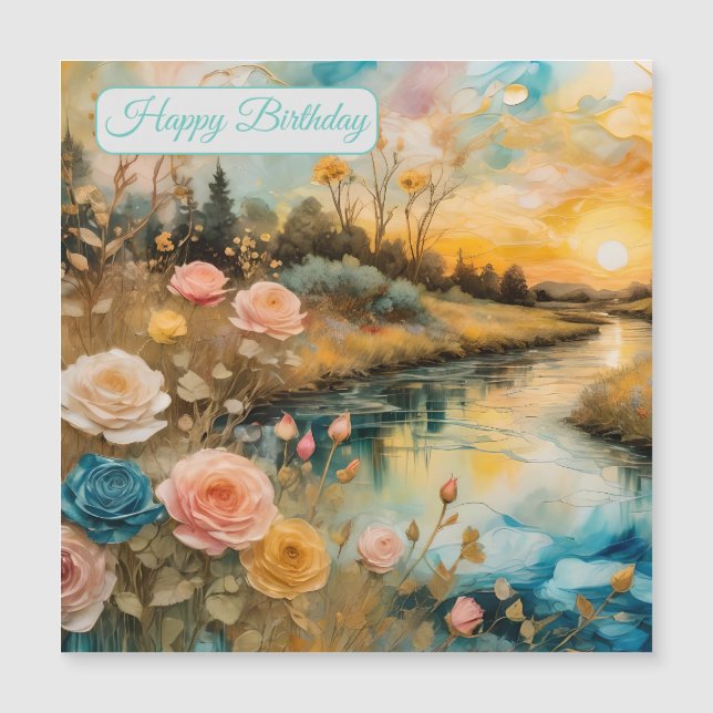 Golden Rose River Valley Sunrise Birthday Magnetic Invitation (Front)