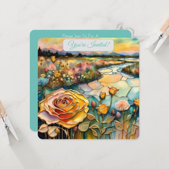 Golden Rose River Valley Sunrise Bridal Invitation (Front/Back In Situ)