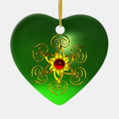 GOLDEN ROSE RUBY Green Emerald Heart Ceramic Ornament