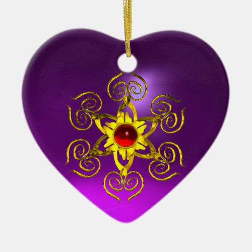GOLDEN ROSE RUBY Purple Amethyst Heart Ceramic Ornament