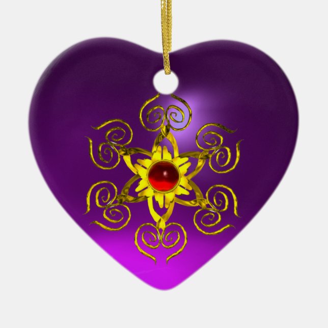 GOLDEN ROSE RUBY ,Purple Amethyst Heart Ceramic Ornament (Front)