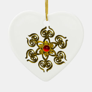 GOLDEN ROSE RUBY ,White Heart Ceramic Ornament